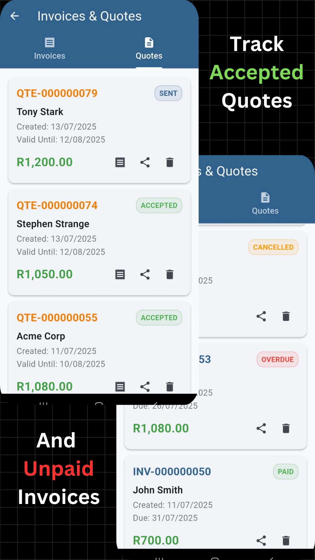 Quotes and Invoices Management Interface